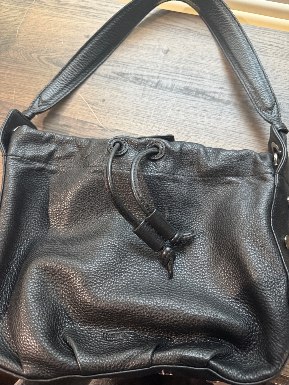 Hammitt Cooper Black Leather / Gunmetal Drawstring Shoulder Bag